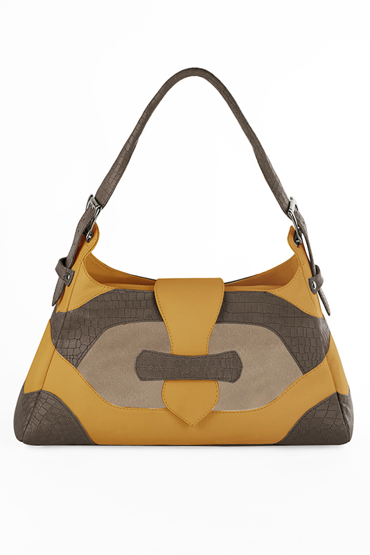 Taupe brown, tan beige and mustard yellow women's dress handbag, matching pumps and belts. Top view - Florence KOOIJMAN